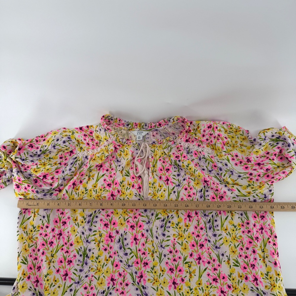 Crown & Ivy Womens 2X Pink Yellow Floral Ruffle Neck Tassel Shift Dress - Picture 6 of 7